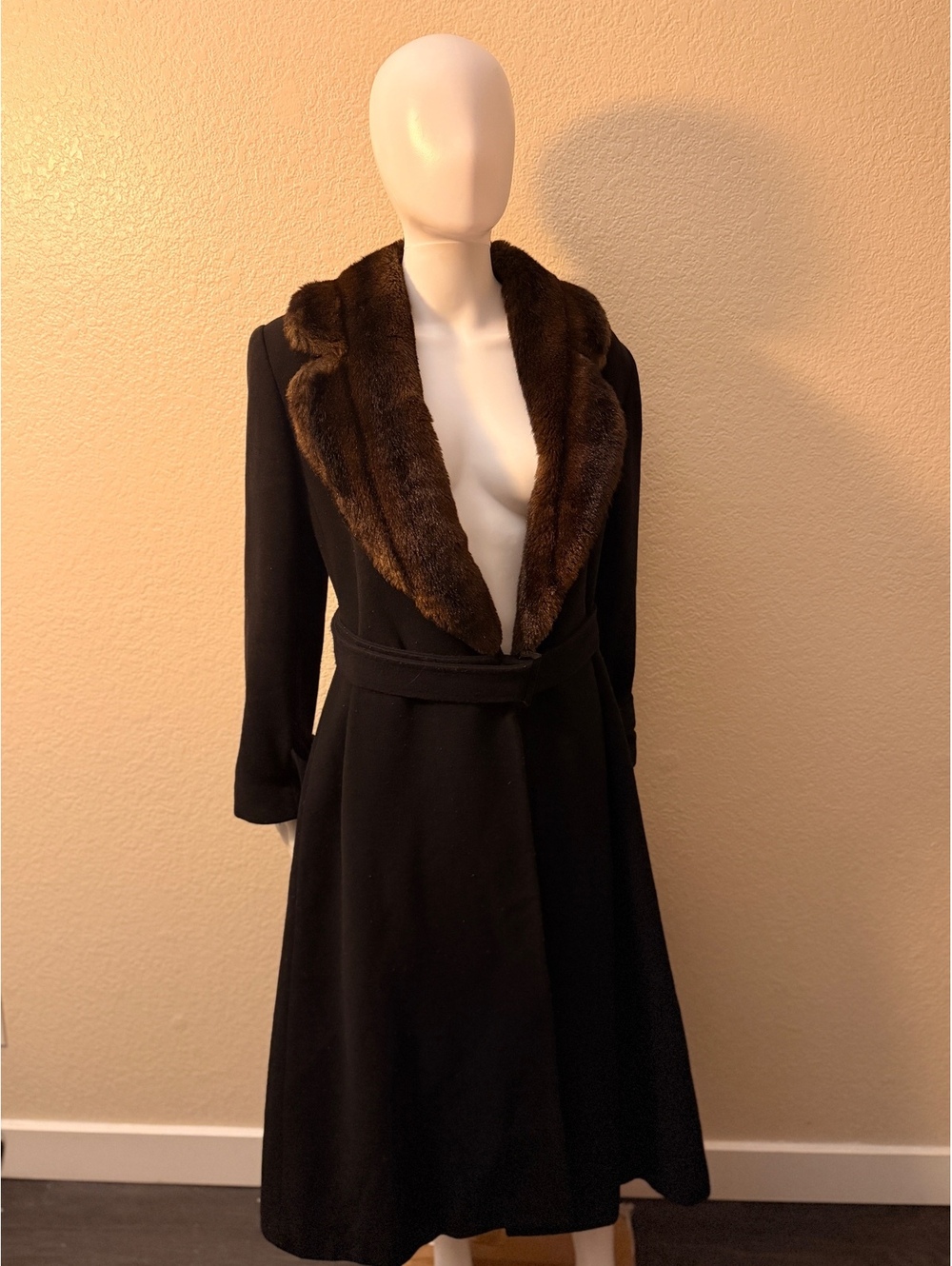 Lauren Ralph Lauren Black Wool Blend Wrap Coat Faux Fur 6P